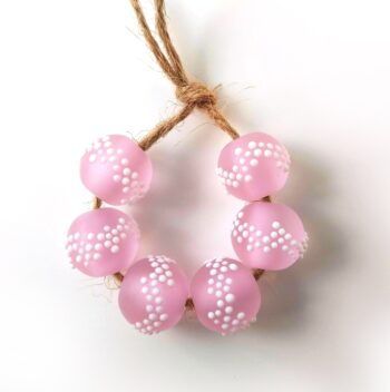 pair (two beads) Handmade lampwork glass beads soft pink etched beads fine line stringer decoration white dots