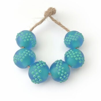 pair (2 beads) Handmade lampwork glass beads soft blue green etched fine line stringer decoration white dots