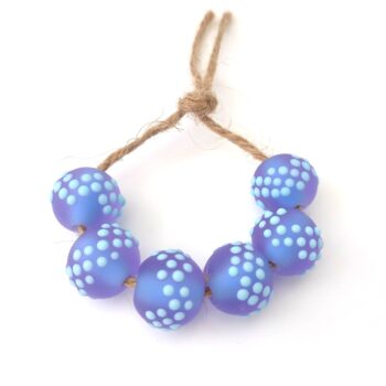 pair (two beads) Handmade lampwork glass beads lavender purple turquoise etched beads fine line stringer decoration light blue dots