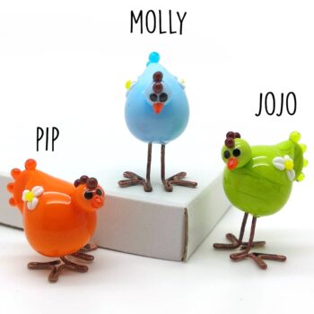 glass miniature chickens trio collectables easter decoration figurines farm animals livestock chick poultry blue orange green daisy flower