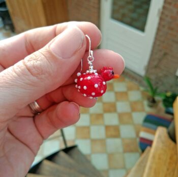 Lampwork glass chickens handmade red white polka dots sterling silver findings earrings