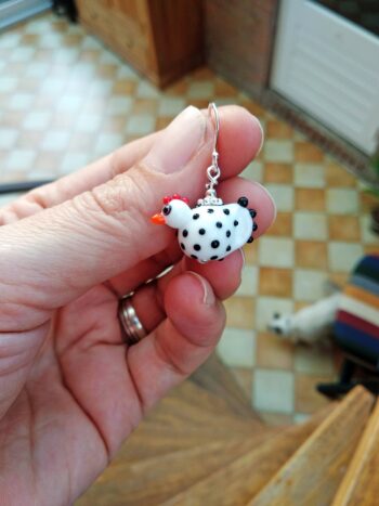 Lampwork glass chickens handmade sterling silver black white polka dots earrings