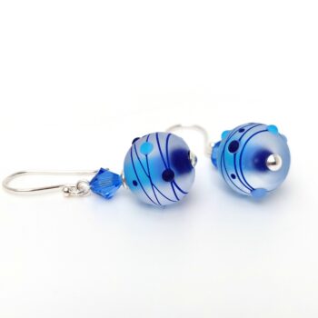 Lampwork etched sea salt light blue dark blue etched tiny dots beads sterling silver findings dangle earrings