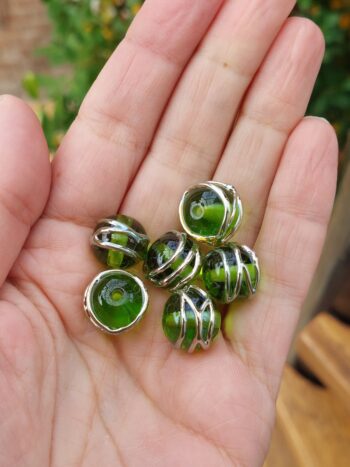 Pair (2 beads) of handmade lampwork grassgreen gold ribbon glass beads jewelry making designing earrings beadpair lampwork beads