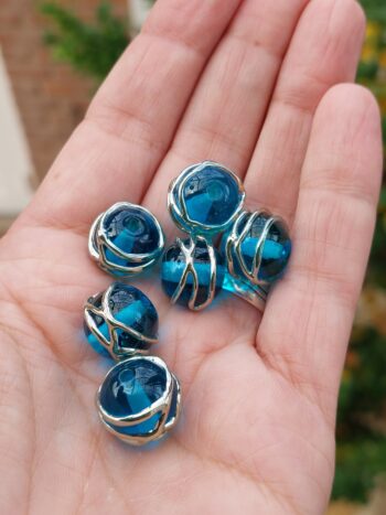 Pair (2 beads) of handmade lampwork aquamarine blue gold ribbon glass beads jewelry making designing earrings beadpair lampwork beads