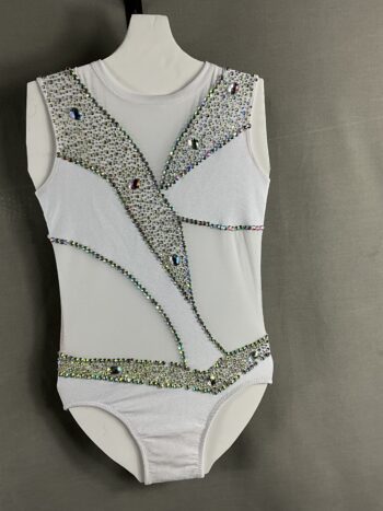 White leotard with white mesh cut out areas, embellished with AB crystal rhinestones