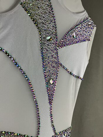 White leotard with white mesh cut out areas, embellished with AB crystal rhinestones - Image 2