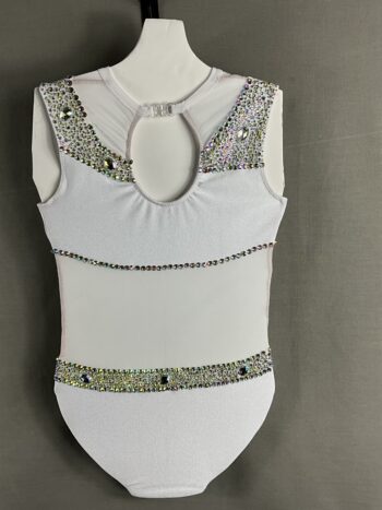 White leotard with white mesh cut out areas, embellished with AB crystal rhinestones - Image 4