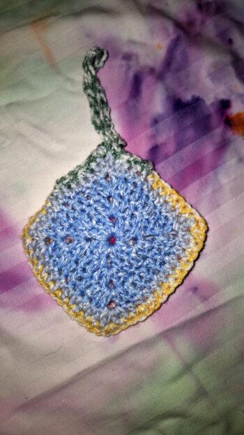 Earbud, earphone crochet pouch / pocket colourful square with heart. - Image 2