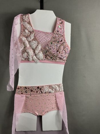 High shine pink 2 piece lyrical dance costume with lace detail