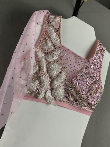 High shine pink 2 piece lyrical dance costume with lace detail - Image 2