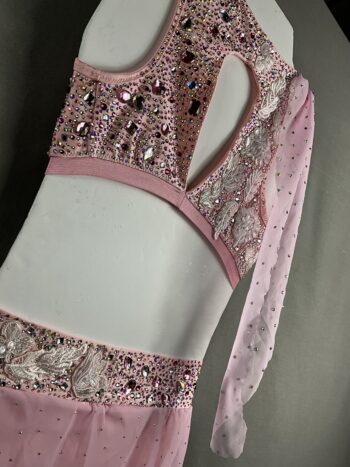 High shine pink 2 piece lyrical dance costume with lace detail - Image 4