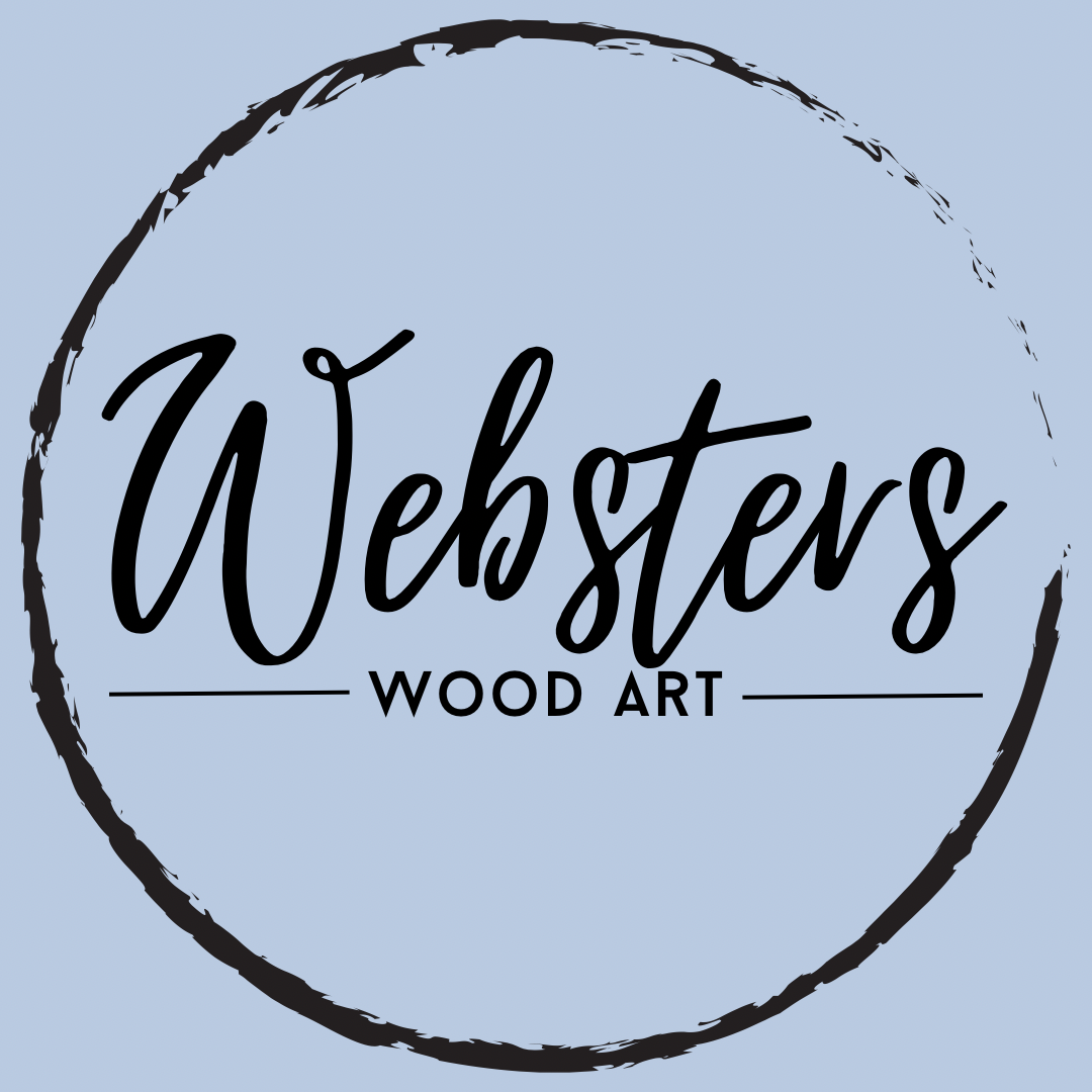 Websters Wood Art logo. Blue background with black text.