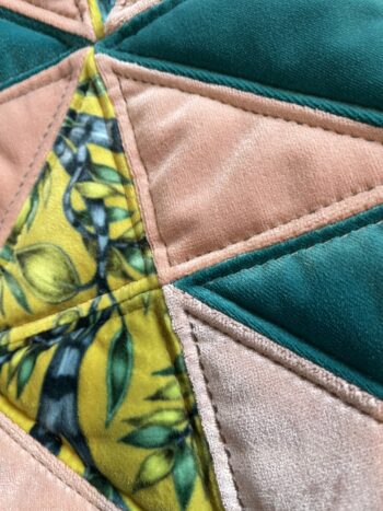 Pair of Turquoise, Baby Pink & Yellow Quilted Zero Waste Cushions - Image 2