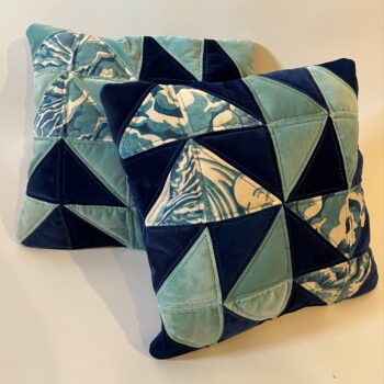 Pair of Navy/Dark Blue, Light Blue & White Quilted Zero Waste Cushions