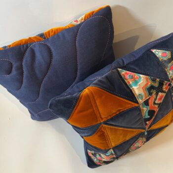 Pair of Burnt orange, Dark Blue & Hot Pink Quilted Zero Waste Cushions. - Image 3