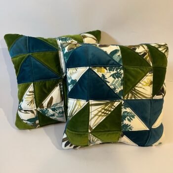 Pair of Dark Teal, White & Bright Blue Quilted Zero Waste Cushions