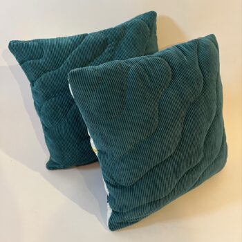 Pair of Dark Teal, White & Bright Blue Quilted Zero Waste Cushions - Image 4