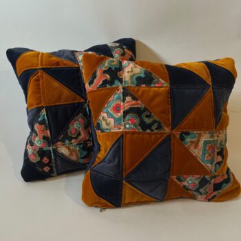 Pair of Burnt orange, Dark Blue & Hot Pink Quilted Zero Waste Cushions.