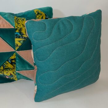 Pair of Turquoise, Baby Pink & Yellow Quilted Zero Waste Cushions - Image 3