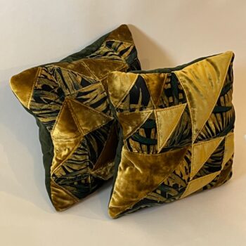 Pair of Gold & Dark Green Quilted Zero Waste Cushions