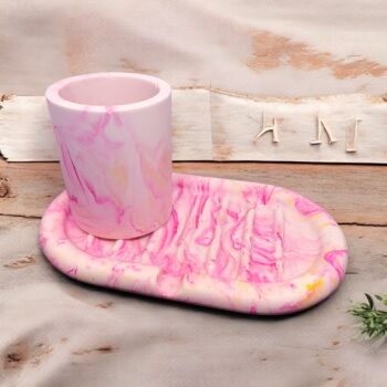 Jesmonite Soap Dish with matching pot, Pink / Yellow Marble.