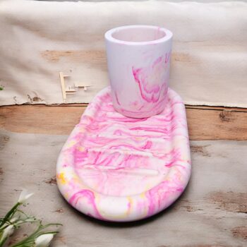 Jesmonite Soap Dish with matching pot, Pink / Yellow Marble. - Image 2