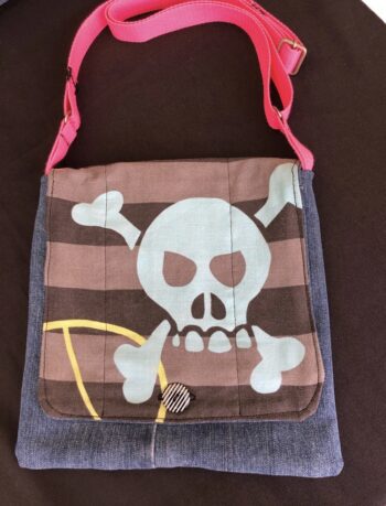 Medium Upcycled Satchel - Blue Skull - Image 4