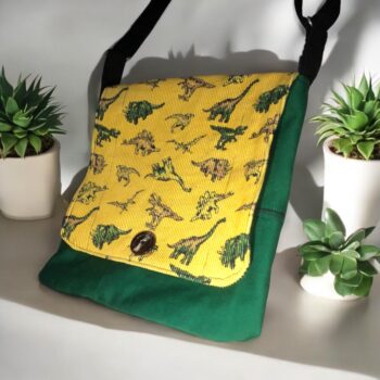 Medium Upcycled Satchel - Dinos on Green Bag - Image 2